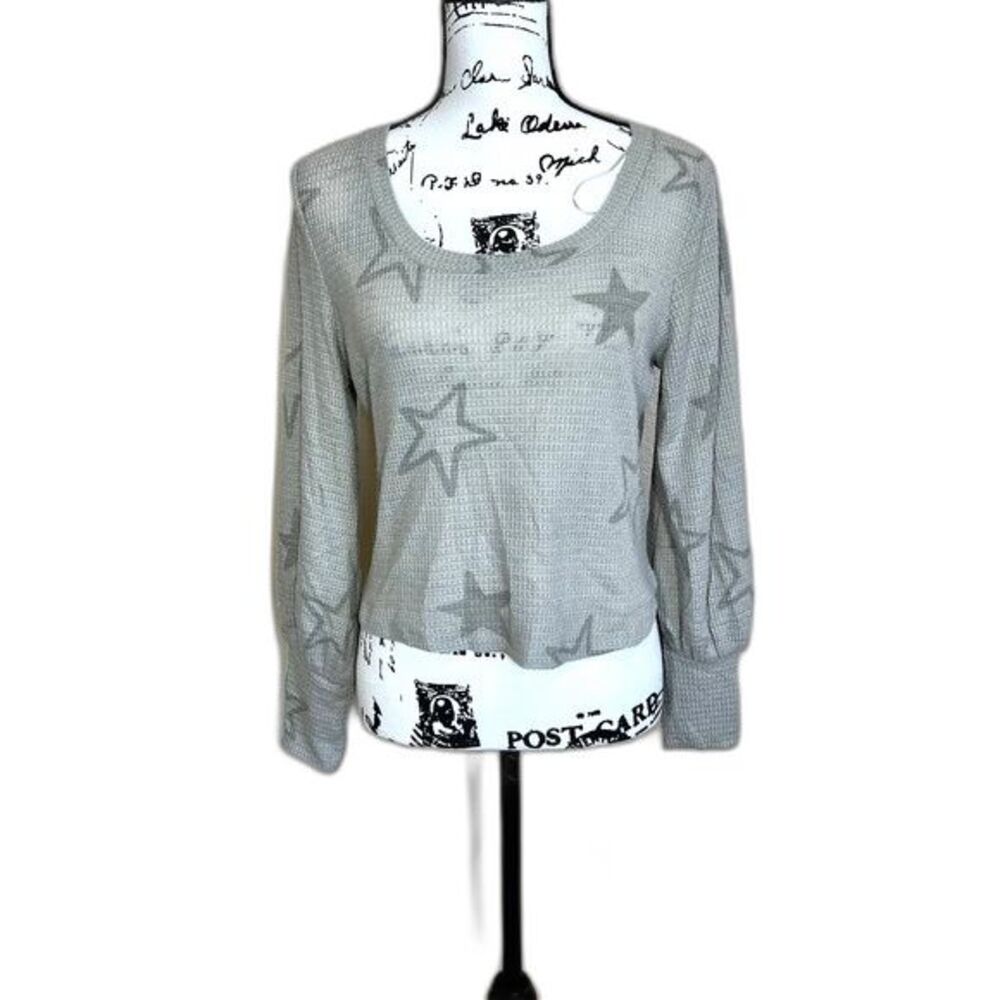 Pink Rose grey top waffle knit star Long sleeve crop top size M coastal Cozie